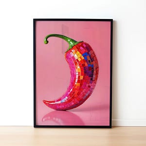 Digital Wall Art, Hot Chili Pepper Disco Ball Painting,Maximalist Room Decor,  Preppy Poster, Mirror Ball Girly Kitchen Print