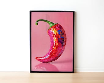 Digital Wall Art, Hot Chili Pepper Disco Ball Painting,Maximalist Room Decor,  Preppy Poster, Mirror Ball Girly Kitchen Print