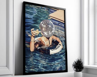 Estampa de cabeça de discoteca, arte de parede elegante, arte de parede moderna, arte de parede feminina, decoração de dormitório, arte de parede descolada, estampa em preto e branco e prata, arte eclética