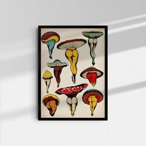 May include: A framed art print featuring a collection of whimsical mushroom illustrations. Each mushroom is depicted with a unique color palette, including red, yellow, blue, and brown. The artwork has a vintage aesthetic, with a cream-colored background.