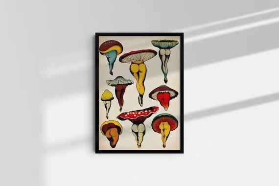 Funny Mushroom Booties Poster, Funny Mushroom Art, Fungi Poster, Fungus Poster, Retro Kitchen Poster, Ready to Hang
