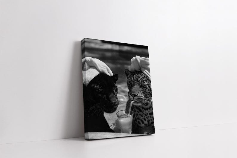 May include: Black and white photo of two large cats, a black panther and a leopard, wearing white towels on their heads. The leopard is drinking from a glass with a straw.