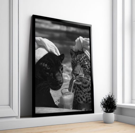 Luxury Fashion Cheetah and Jaguar Drinking Cocktail Print, Black and White Wall Art, Vintage Photography, Fashion Print, Bar Cart Decor