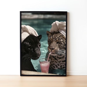高級ファッション チーターとジャガーがカクテルを飲むプリント、白黒ウォールアート、ビンテージ写真、ファッションプリント、バーカートの装飾