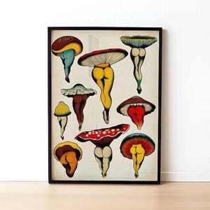 May include: A framed art print featuring whimsical illustrations of mushrooms with human-like legs. The artwork showcases a variety of mushroom caps in colors like red, yellow, and blue, with the legs in shades of yellow and brown.