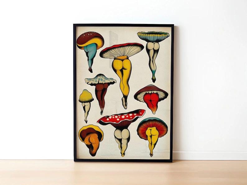 May include: A framed art print featuring whimsical illustrations of mushrooms with human-like legs. The artwork showcases a variety of mushroom caps in colors like red, yellow, and blue, with the legs in shades of yellow and brown.