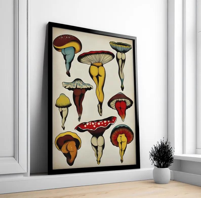May include: A framed art print featuring whimsical mushroom illustrations. The mushrooms have colorful caps and legs, with a playful, artistic style. The print is displayed in a black frame, adding a modern touch to the artwork. The overall theme is nature-inspired art.