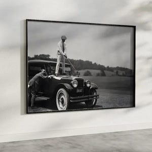 Vintage Golfer on Car Wall Art, Black and White Print, Sports Bar Wall Decor, Funny Wall Art Gift for Men, Retro Golf Print
