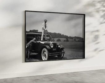 Vintage Golfer on Car Wall Art, Black and White Print, Sports Bar Wall Decor, Funny Wall Art Gift for Men, Retro Golf Print