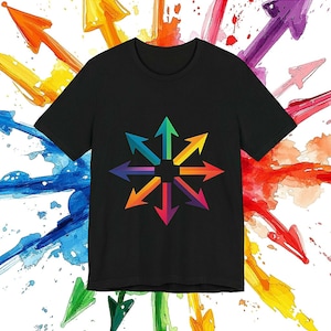 May include: Black t-shirt with a colorful, eight-pointed star design made of arrows. The star is in the center of the shirt and is surrounded by a white background.