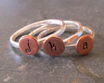 Personalized ring, Initial Stacking Rings in Copper and Sterling Silver