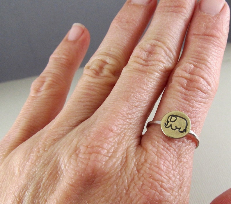 Lucky Elephant Ring in Sterling Silver and Brass, mixed Metals, elephant jewelry image 4