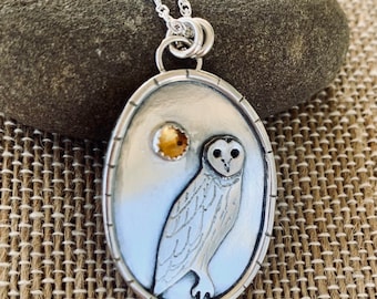 Owl Pendant with Citrine in Sterling Silver