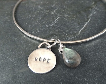 Sterling Silver Charm Bangle - Hope Charm -Labradorite - graduation gift