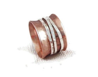 Spinner Ring in Copper and Silver with Three Spinners, Fidget Ring