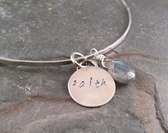 Sterling Silver Bangle,  Faith Charm, charm bracelet, mothers gift, graduation gift