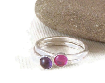 Birthstone Rings, Stacking Rings in Sterling Silver set of two