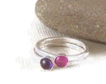 Birthstone Rings, Stacking Rings in Sterling Silver set of two