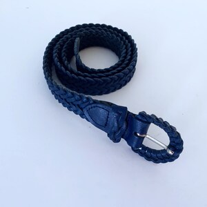 Genuine Leather Braided Belt - navy blue, vintage, M/L Vintage Navy Blue Leather Belt: Braided Back, Silver Buckle  main image 4
