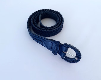Vintage Navy Blue Belt // Genuine Leather // 1980’s Braided Belt S/M