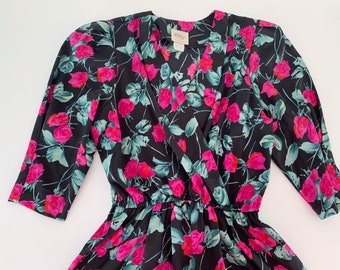 Vintage 1980’s Dress //Puffed Sleeves Pink Roses Romantic Floral Dress