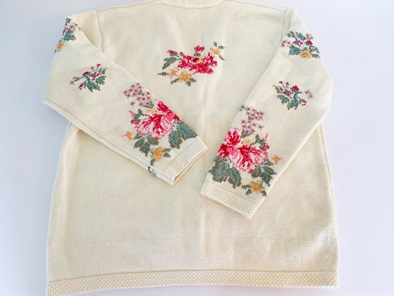 Vintage Cream Sweater // Pastel Pink & Aqua Cotton Floral Cardigan image 2