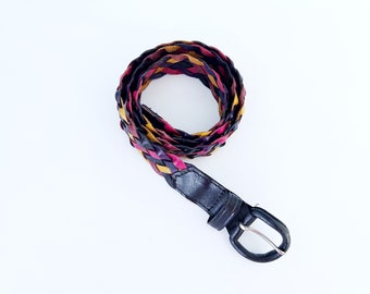 Vintage Genuine Leather Belt // Pink & Navy Blue Braided Strap