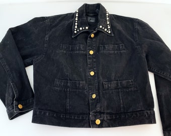 Vintage 1990’s Jacket // Retro Black Liz Claiborne Pearl Denim Jean Jacket