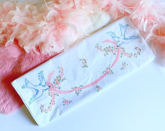 Vintage Single Pillowcase // Pastel Pink Ribbon Print // Blue White Bird Scene