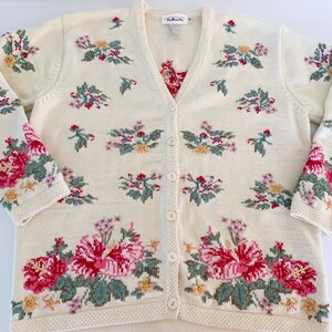 Vintage Cream Sweater // Pastel Pink & Aqua Cotton Floral Cardigan image 1