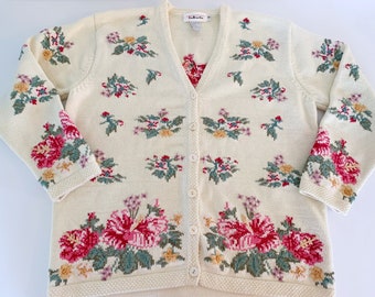 Vintage Cream Sweater // Pastel Pink & Aqua Cotton Floral Cardigan