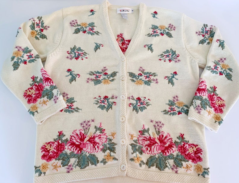 Vintage Cream Sweater // Pastel Pink & Aqua Cotton Floral Cardigan image 1