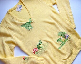 Vintage 1960’s Yellow Sweater //  Frog Embroidered Pullover