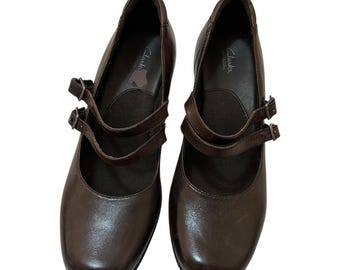 Brown Genuine Leather Mary Jane Shoes Coquette Heels Size 7.5