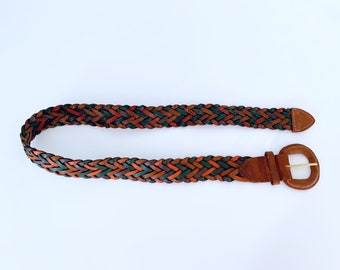 Vintage Brown & Green Belt // Genuine Leather // 1990’s Braided Belt By The Limited