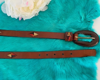 Vintage Dark Brown Belt // Genuine Leather // 1990’s Embroidered SouthWestern