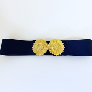Vintage 1980s 90s Stretch Belt // Navy Blue & Gold Daisy Buckle immagine 2