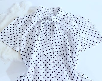 Vintage Ascot Tie Neck Blouse // 1980’s White And Black Polka Dot With Puffed Sleeves