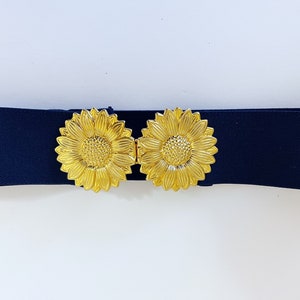 Vintage 1980s 90s Stretch Belt // Navy Blue & Gold Daisy Buckle immagine 1