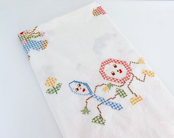 Vintage Multi Purpose Linen // Baby Sheet Coverlet // Nursery Rhyme Hey Diddle Diddle Cross Stitched