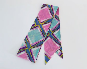 Vintage Silk Scarf // Long Skinny Sash // Abstract Pink & Aqua Print