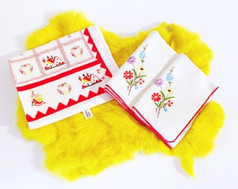 Vintage Red & Yellow Linens // Retro Daisy Napkins // Cannon Hand Towel