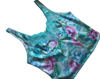 Vintage Pink And Aqua Floral Camisole // Wide Scalloped Sheer Lace Shiny Lingerie M