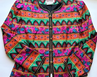 Vintage 1990’s Jacket // Silk With Gold & Black Braided Trim // Baroque Pink And Orange Print
