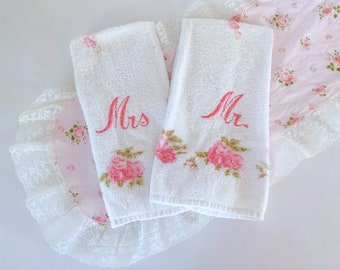 Vintage Set Of 2 Hand Towels // Pink Roses Embroidered Mr. & Mrs. // Shabby Chic Aqua Bathroom