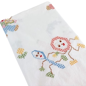 Vintage Multi Purpose Linen // Baby Sheet Coverlet // Nursery Rhyme Hey Diddle Diddle Cross Stitched