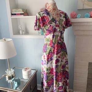 Vintage 1980s 90s Long Dress // Purple & Pink Floral Angel Sleeves Dress image 2