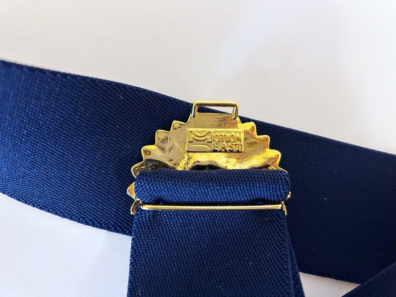 Vintage 1980s 90s Stretch Belt // Navy Blue & Gold Daisy Buckle immagine 4