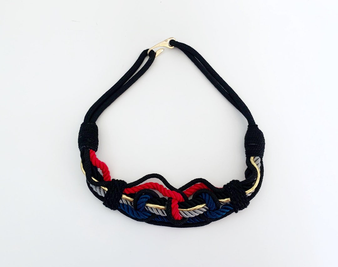 Vintage Rope Belt // Cinch Belt // 1980s Retro Black Red Blue Silk Rope