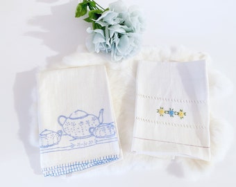 Vintage Table Napkins // Set Of 2 Mismatched // White Hand Towel Embroidered Linens